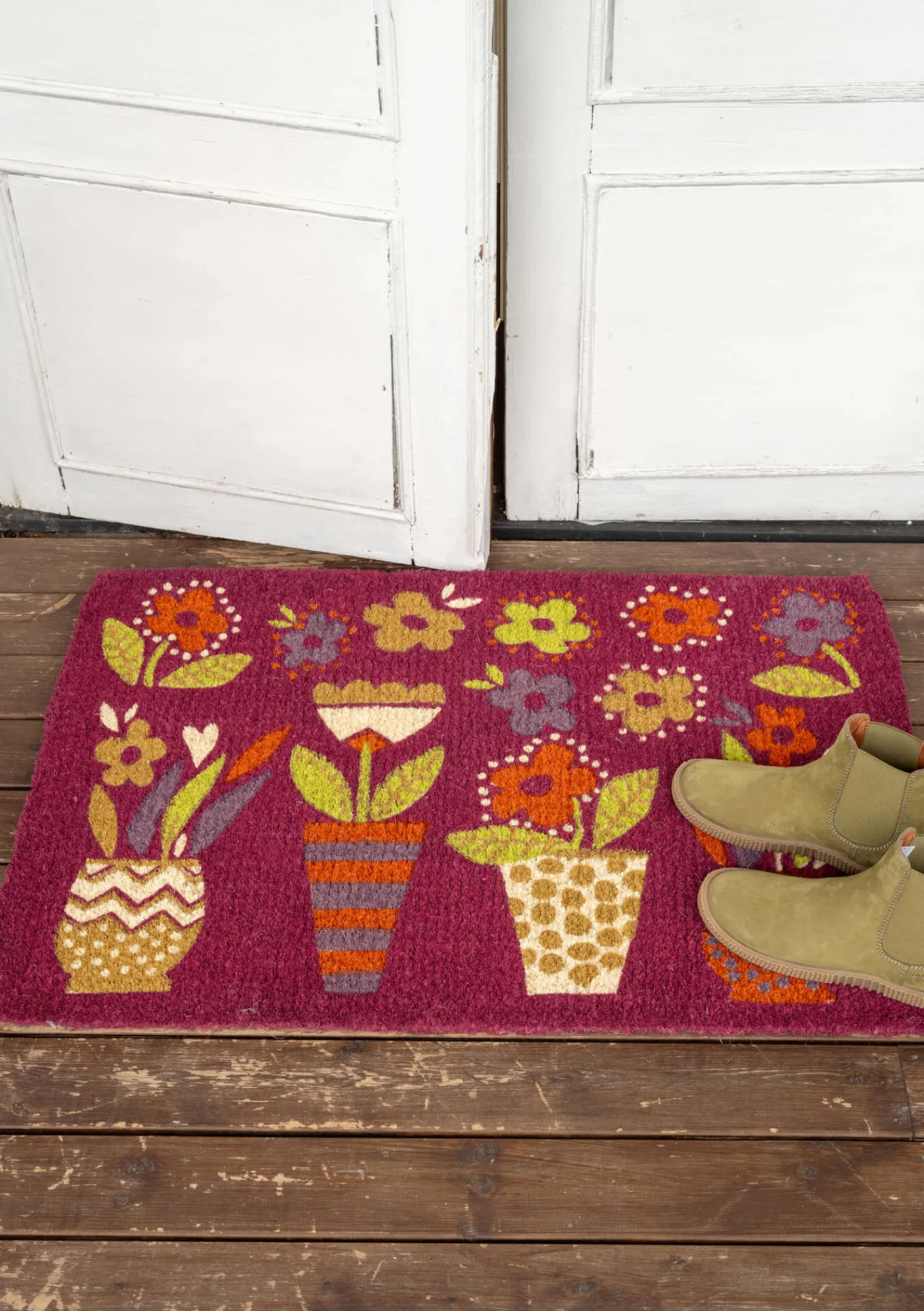 Gudrun Sjödén Teppiche|Heimtextilien>Fußmatte „Flower pots“ aus Kokosfaser Dunkelhibiskus