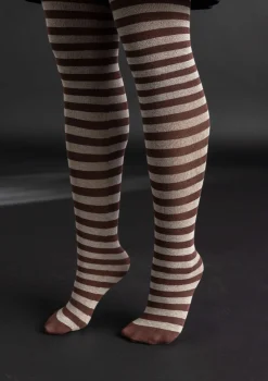 Gudrun Sjödén Accessoires>Gestreifte Strumpfhose aus Bio-Baumwolle Röstkaffee-dunkelnatur