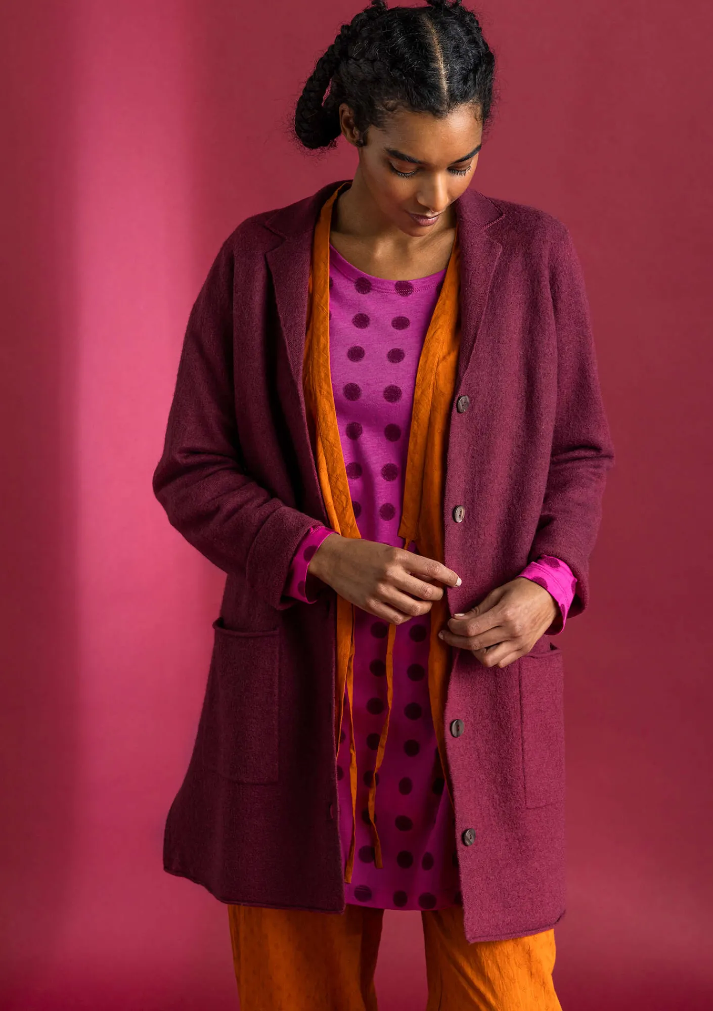 Gudrun Sjödén Jacken & Mäntel|Strickjacken>Gestrickter Blazer aus gefilzter Bio-Wolle Weinrot