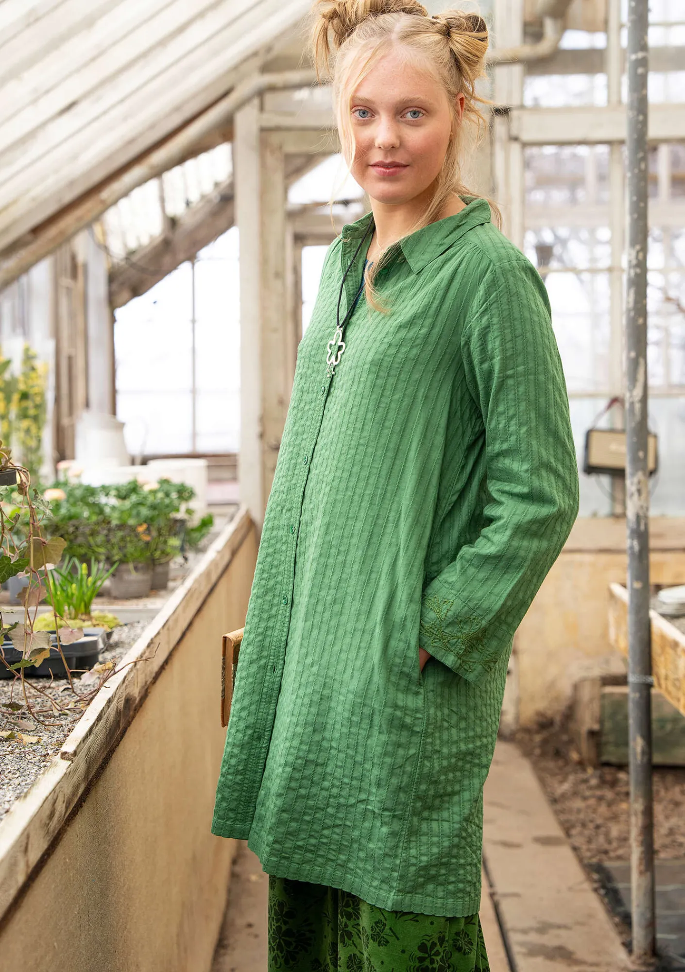 Gudrun Sjödén Pullover & Shirts|Kleider>Hemdblusenkleid „Värmland“ aus Bio-Baumwollgewebe Seegras