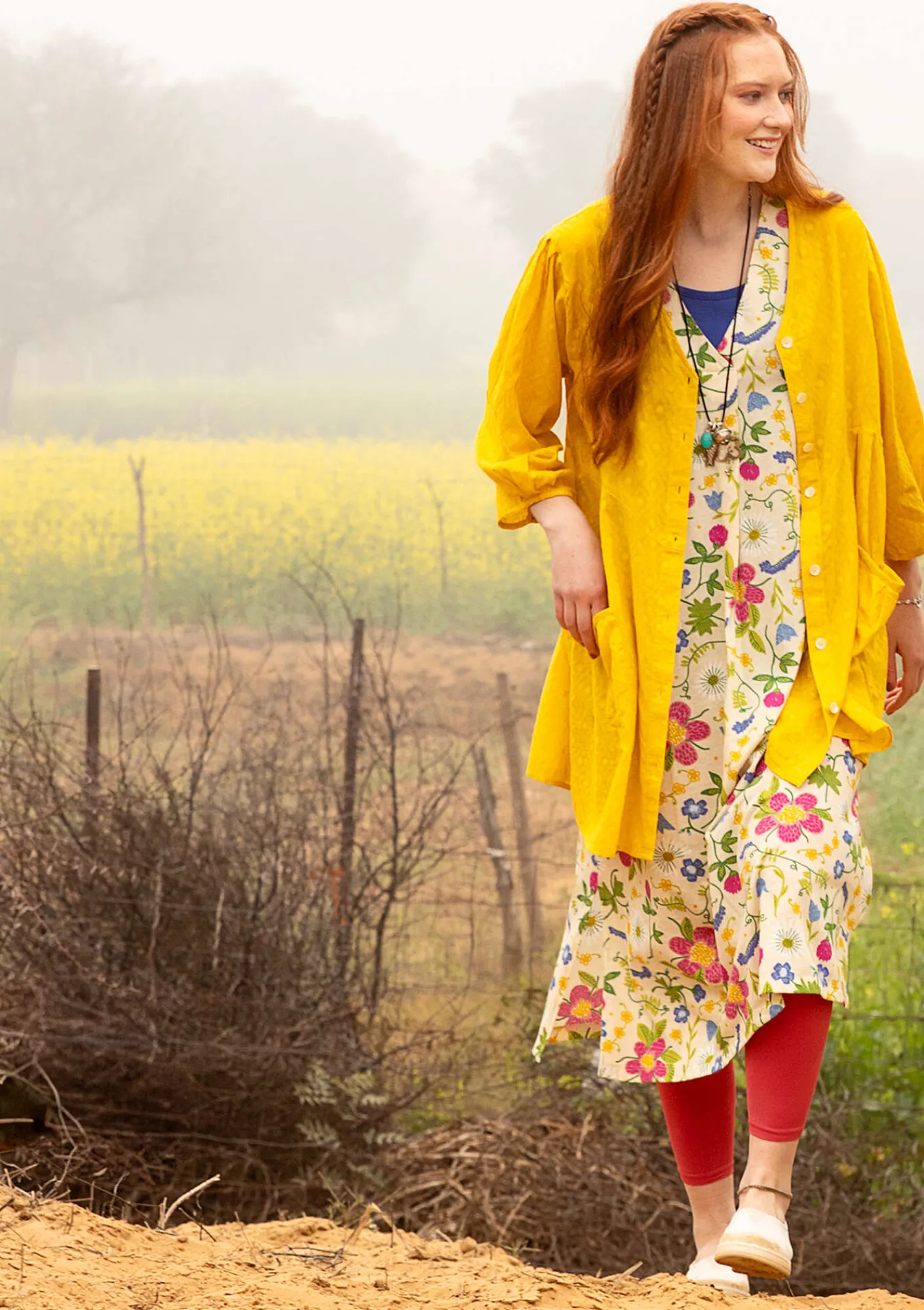 Gudrun Sjödén Kleider>Jerseykleid „Midsommarsol“ aus Bio-Baumwolle Holunderblüte