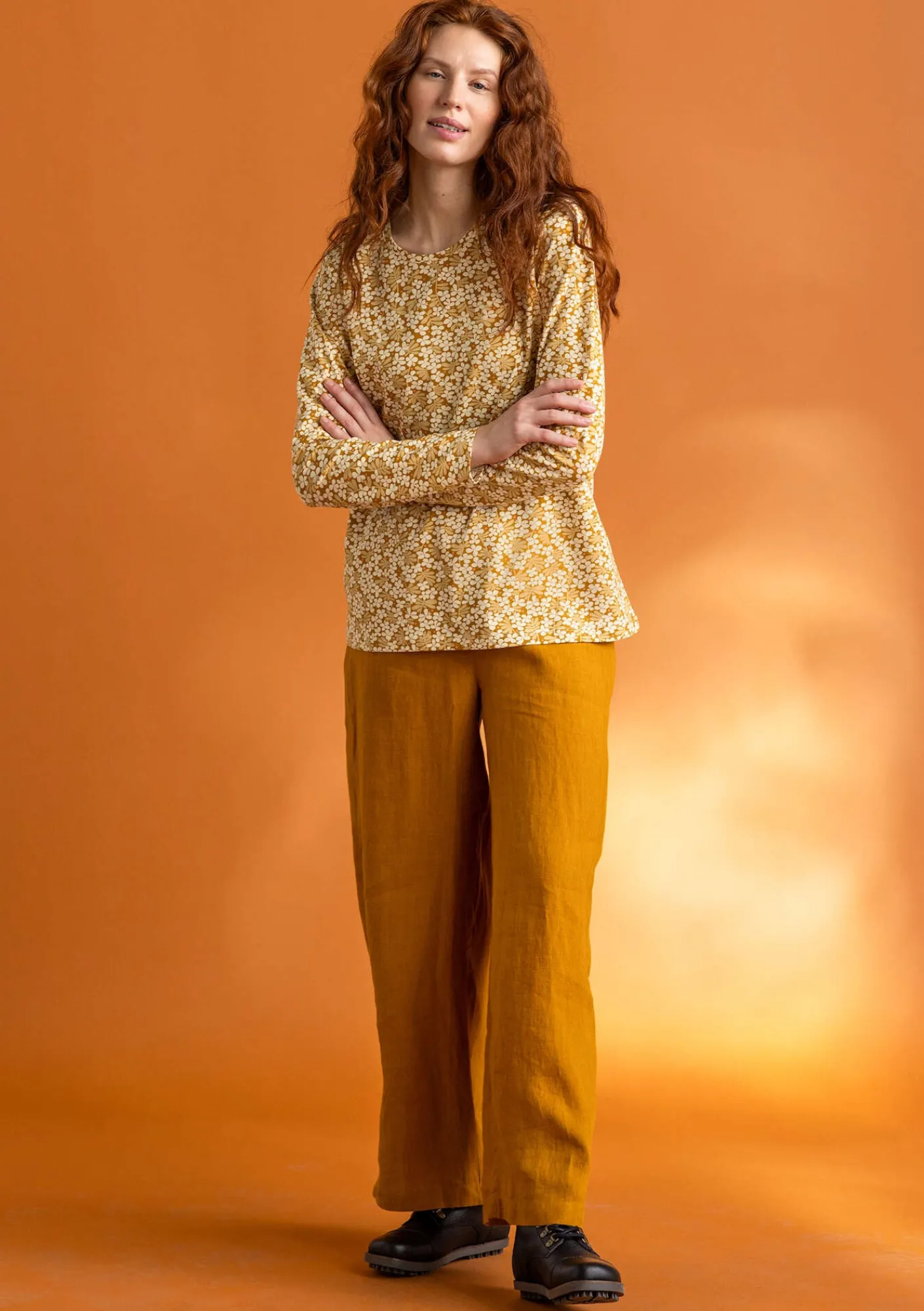 Gudrun Sjödén Pullover & Shirts>Jerseyshirt „Ylva“ aus Bio-Baumwolle/Elasthan Senf-gemustert