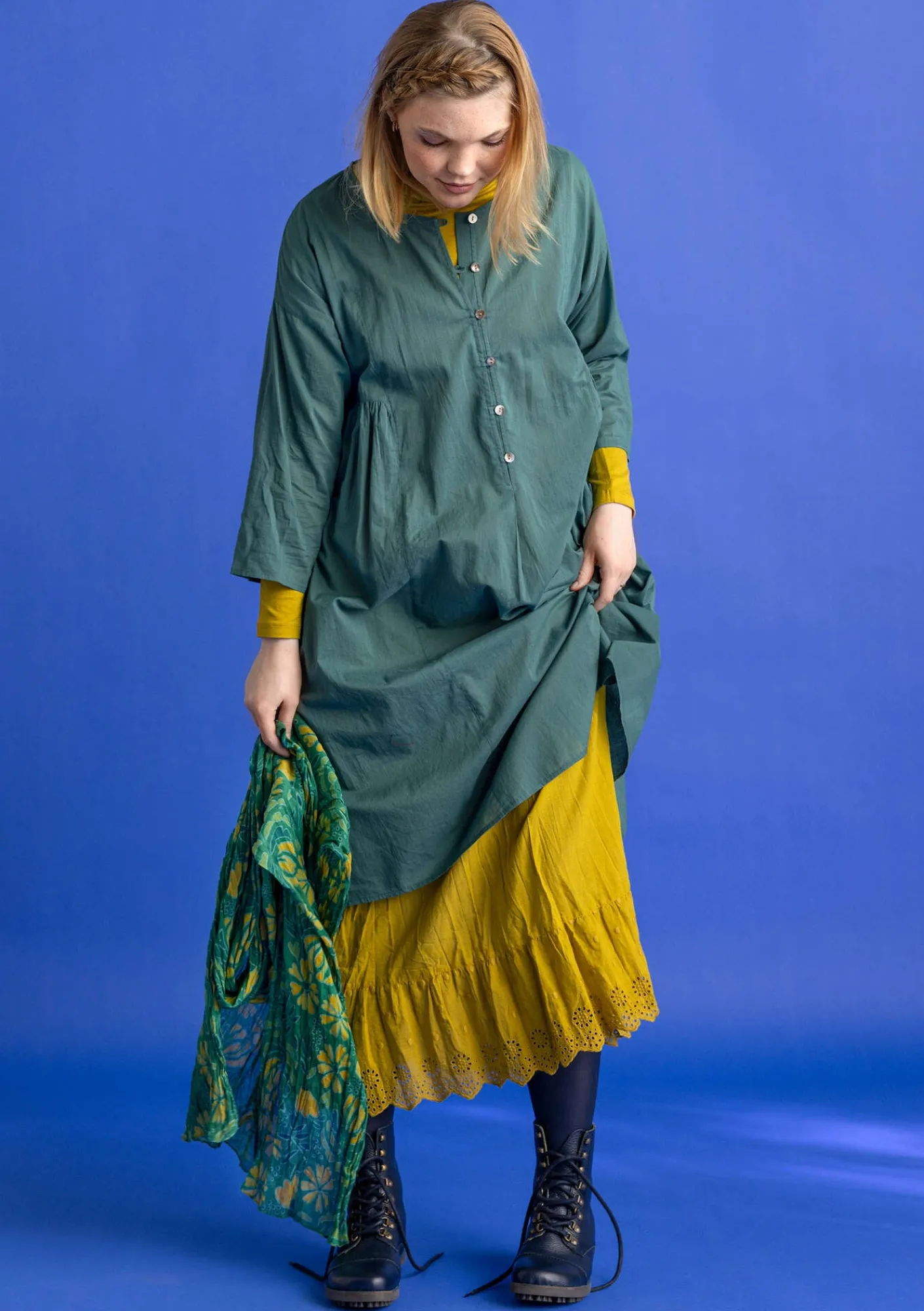 Gudrun Sjödén Kleider>Kleid „Hedda“ aus Bio-Baumwollgewebe Opalgrün