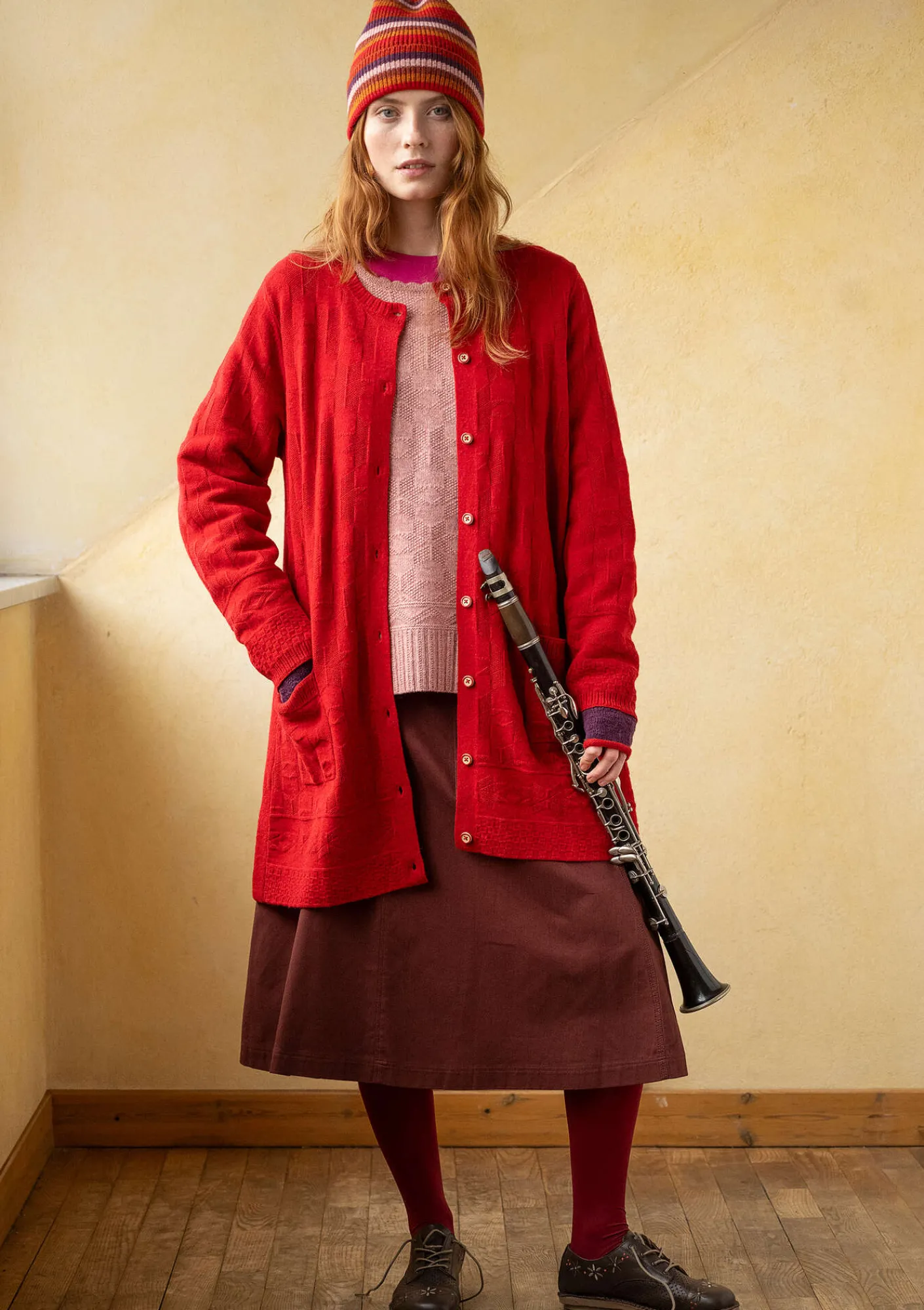 Gudrun Sjödén Accessoires>Mütze aus Recycling-Wolle/Lammwolle Tomate-gestreift