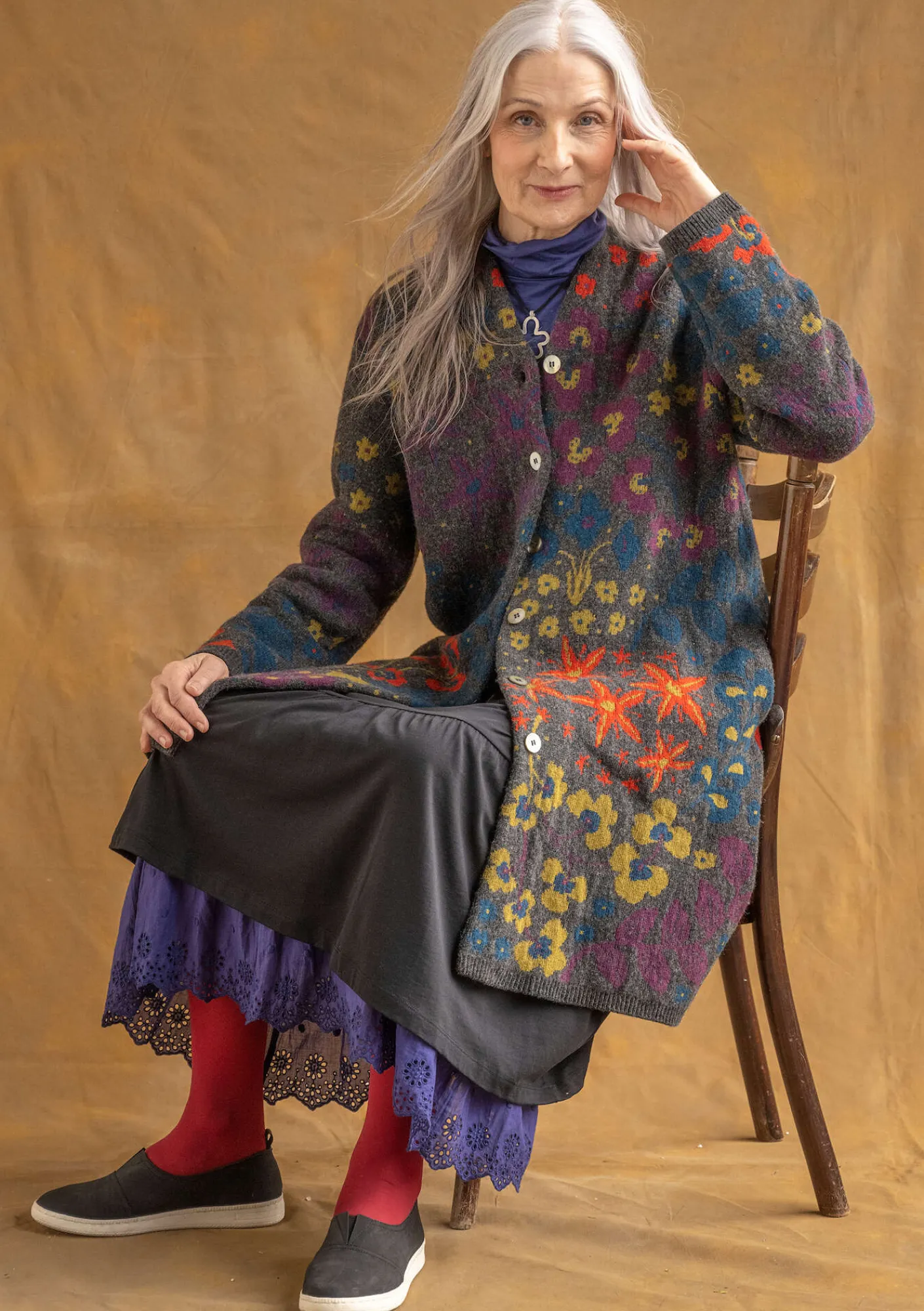 Gudrun Sjödén Jacken & Mäntel|Strickjacken>Strickmantel „Saga“ aus Recycling-Wolle Dunkelaschgrau-melange