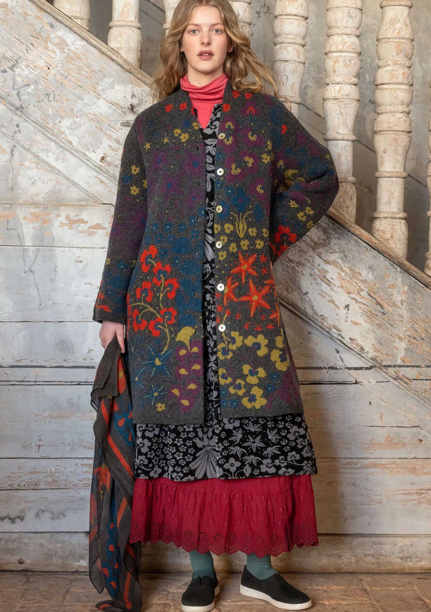 Gudrun Sjödén Jacken & Mäntel|Strickjacken>Strickmantel „Saga“ aus Recycling-Wolle Dunkelaschgrau-melange