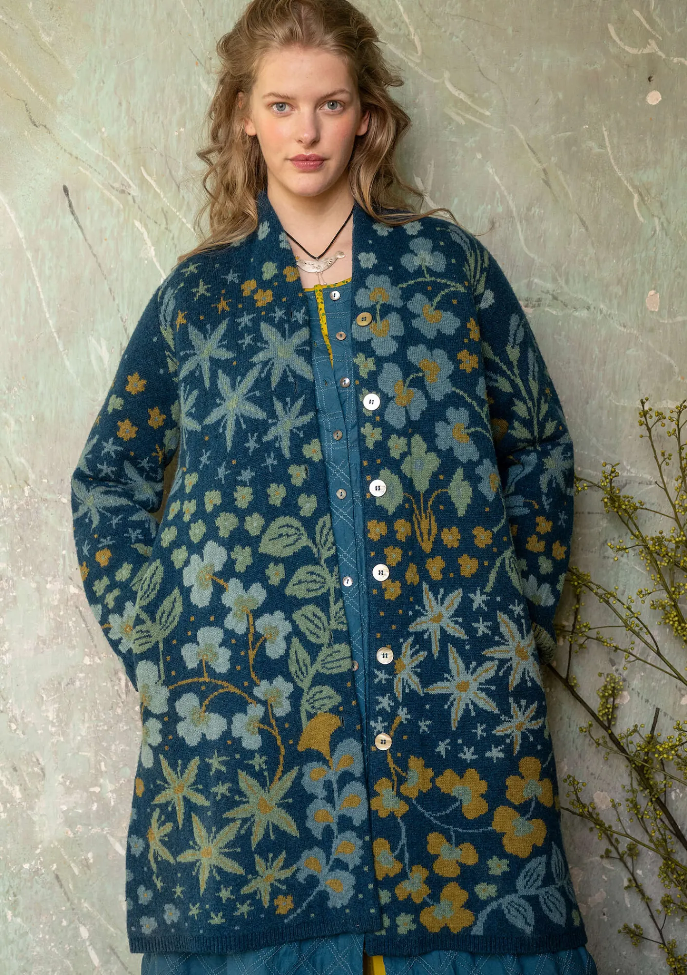 Gudrun Sjödén Jacken & Mäntel|Strickjacken>Strickmantel „Saga“ aus Recycling-Wolle Dunkelpetrol-melange